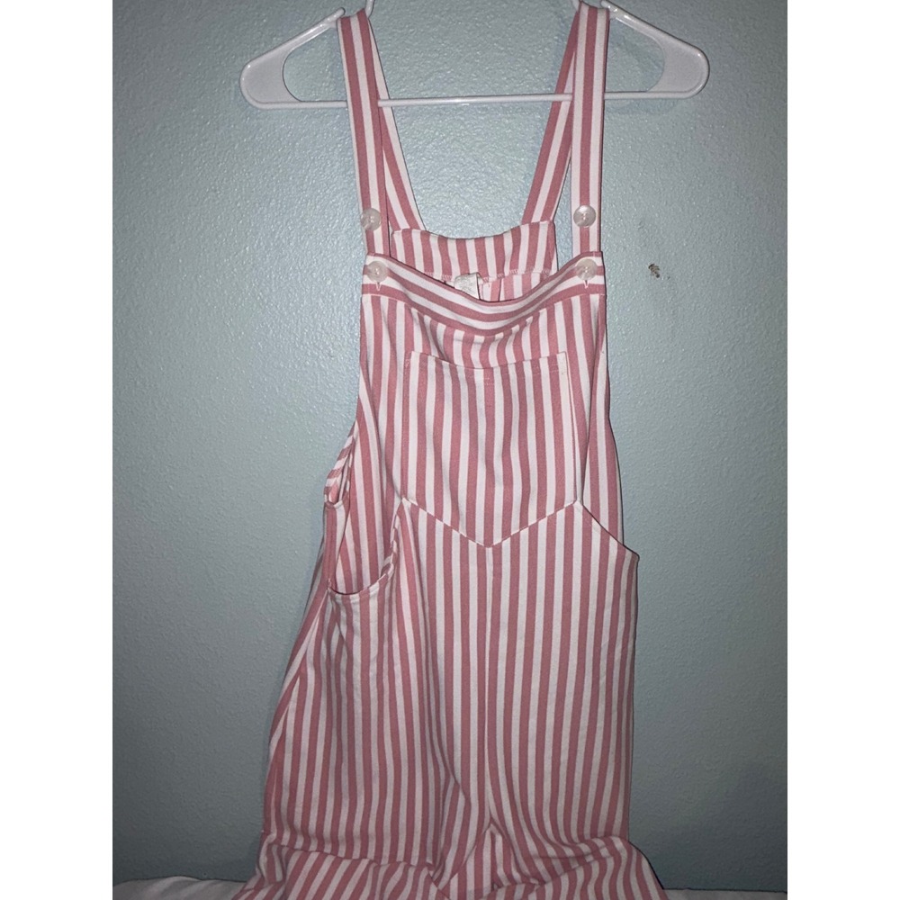 Halara Pink White Striped Ribbed Knit Overalls Wide Leg Bib Jumpsuit Medium